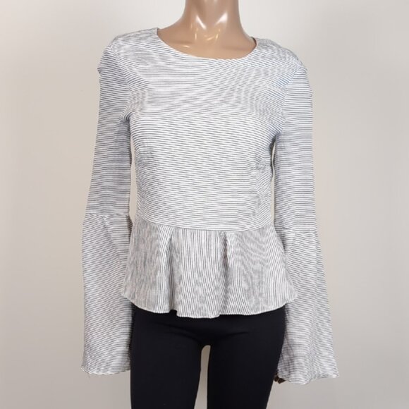 Design Lab Striped Bell Sleeve Top Pleated Peplum Ribbon Tie Keyhole Flare - Picture 2 of 13